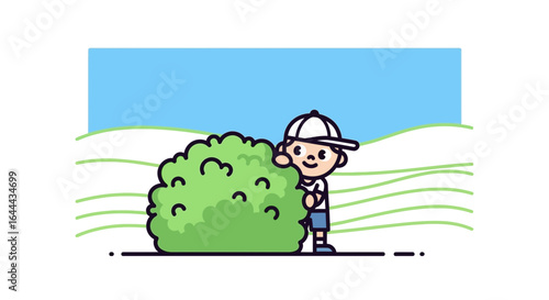 Playful Hide and Seek Illustration of a Boy Hiding Behind a Bush in a Cartoonish Landscape