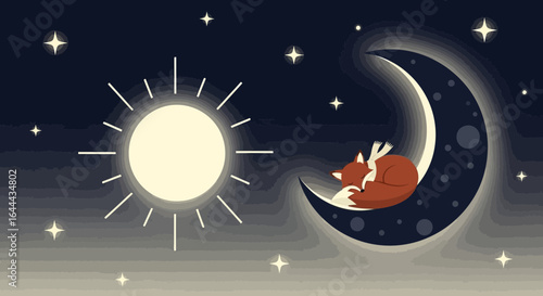 Serene Nightscape: Fox Dreaming on the Moon Under the Gaze of the Sun and Stars