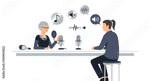 Podcast recording session with sound waves and music notes illustration in modern style