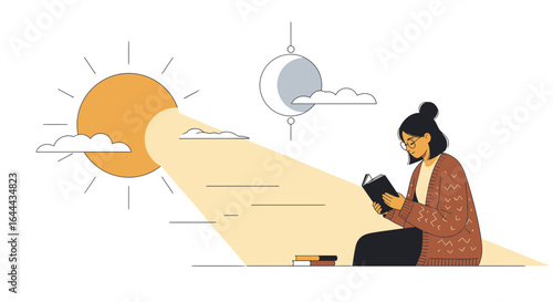 Serene reading time woman immersed in book under gentle sunlight illustration