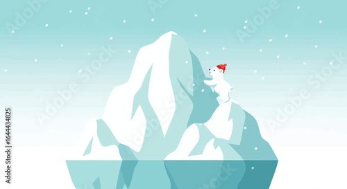 Polar Bear Adventure: Cute Cartoon Illustration of a Bear Climbing an Iceberg in Winter Landscape