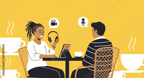 Podcast recording or video interview concept featuring a diverse interviewer and guest in discussion over coffee