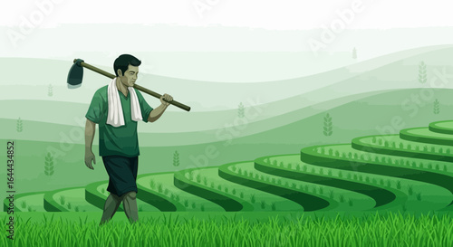 Serene rice terrace scenery: A farmer's journey through idyllic fields illustration