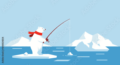 Polar bear fishing on ice floe with red scarf in arctic landscape illustration