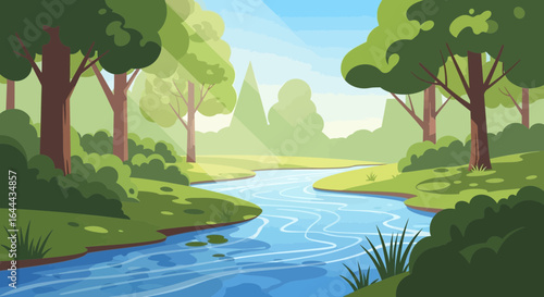 Serene Riverbank Scene in Lush Green Forest on a Bright Day