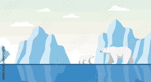 Polar bears in arctic landscape, illustration of arctic environment with iceberg, ocean, polar bears perfect for environmental awareness campaign