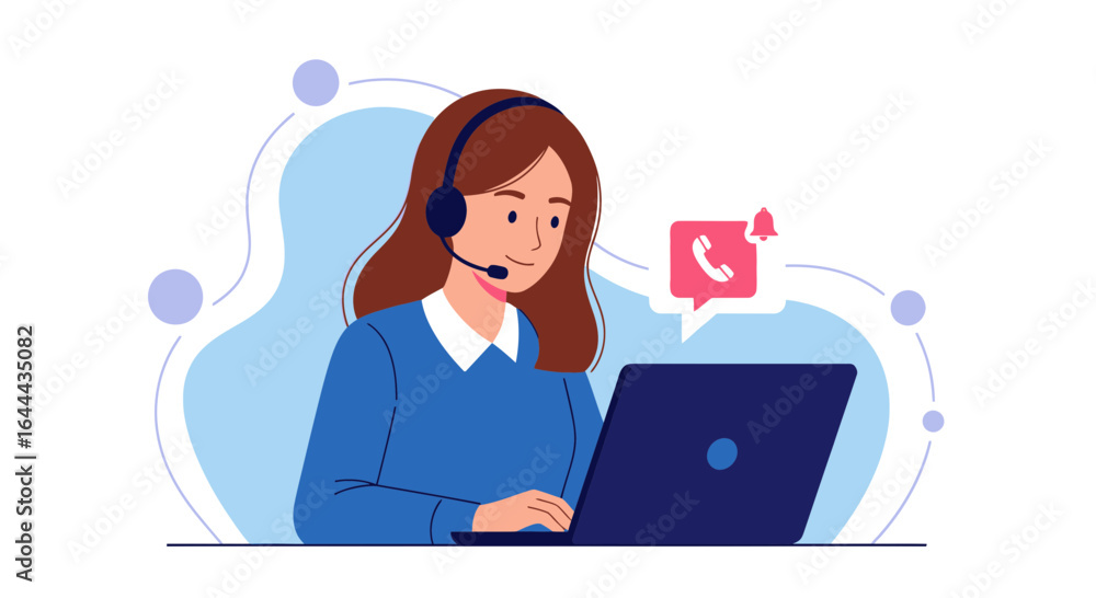 Professional woman working as customer service with headset and laptop online Professional woman working as customer service with headset and laptop online