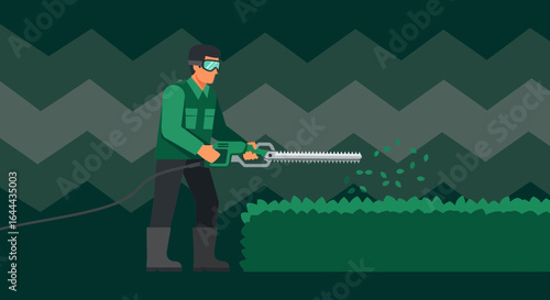 Professional Gardener Trimming Hedges With Electric Trimmer Tool In a Geometric Garden