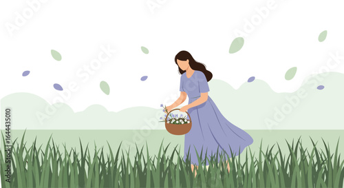 Wallpaper Mural Serene vector illustration of a woman gathering wildflowers in a tranquil meadow landscape Torontodigital.ca