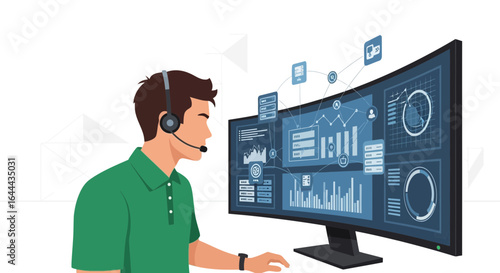 Professional support representative analyzing data dashboards on a curved monitor for insights and improved customer support