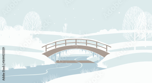 Serene winter landscape featuring a snow-covered bridge over a frozen river scenic tranquil view