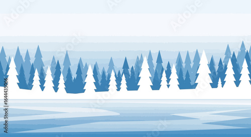 Serene winter landscape illustration with forest of stylized trees and icy surface