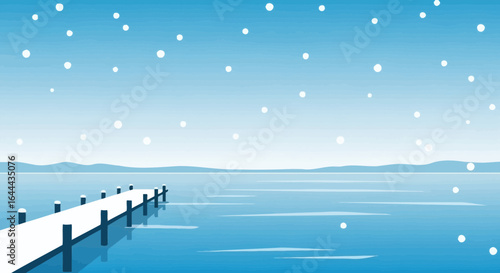 Serene Winter Landscape Snowfall Over The Calm Lake And Pier Illustration