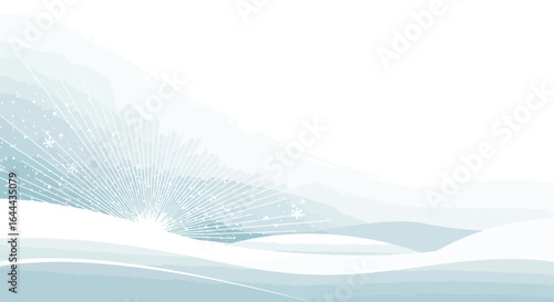 Serene winter landscape vector illustration with snowflakes and light rays illustration with muted blue and white color palette