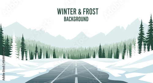 Serene Winter Landscape with Snow-Covered Road and Majestic Mountains Scenery