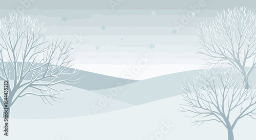 Serene winter landscape with snow-covered trees and gentle hills provides a tranquil scene