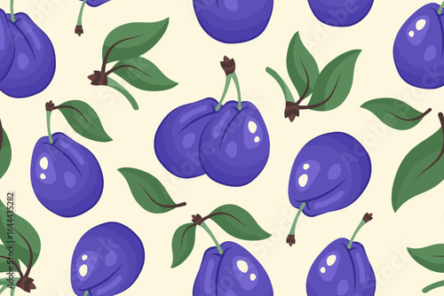 Fruit Seamless pattern. Plum background. Whole Ripe plums with green brunch. Repeatable texture with fresh juicy vitamin. Vector illustration for print, for wallpaper, textile, print, eco product