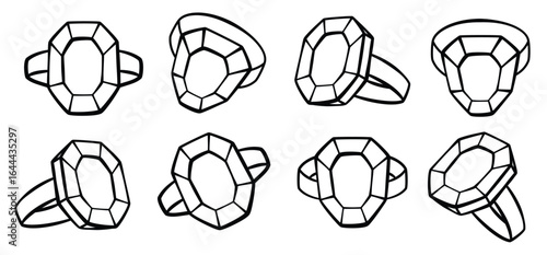 Set of hand drawn doodle rings icons. Vintage brilliant jewelry,  gems, gemstones. Ouline ring with diamond isolated on white background. Luxury bijouterie. Vector for jewelry shop, marriage, gift