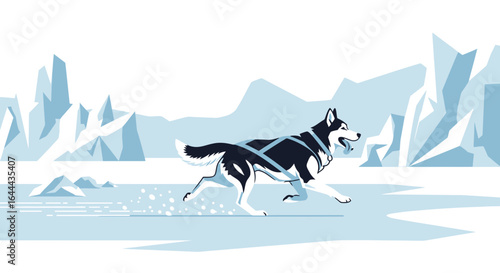 Siberian husky dog sledding across icy landscape with geometric mountain background