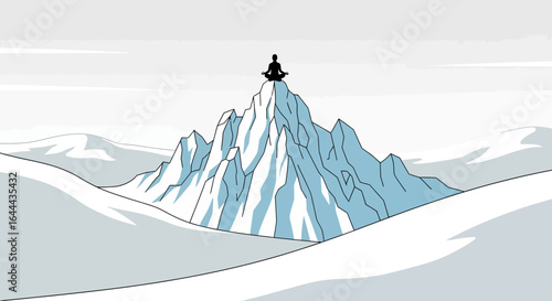 Silhouette meditating figure on a snowy mountain peak, serene winter landscape, meditation on top of the world, tranquility