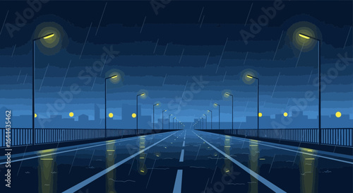 Rainy Night Drive Across City Bridge with Reflective Wet Pavement And Streetlights