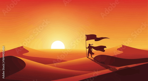 Silhouette of a desert wanderer carrying a flag against a bright sunset sky background
