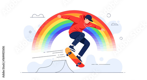 Skateboarder performing trick against rainbow background creating colorful artwork