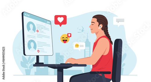 Relaxed user browsing social media on computer with city background vector art