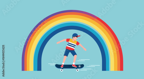 Skateboarder rides under a vibrant rainbow illustration with light blue background creating cheerful summer vibe and youthful energy