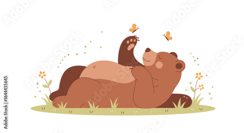 Relaxing Bear in Nature with Butterflies a whimsical illustration of a happy bear lying on its back