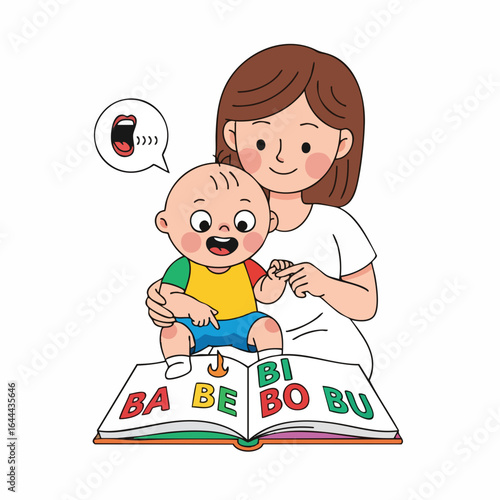 Cute Cartoon Style Toddler Learns Alphabet with Loving Mom Illustration