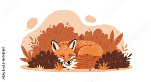 Sleeping Fox Illustration Snuggled Among Autumnal Foliage Vector Design