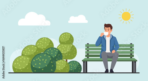 Relaxing Moment: A man enjoys coffee on a park bench in the sunshine serenity