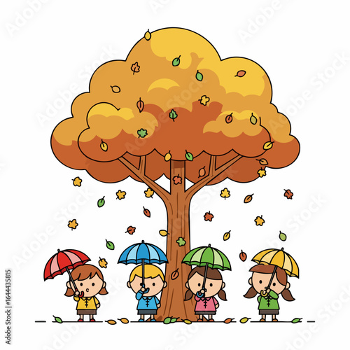Cute Cartoon Style Illustration of Children Under Autumnal Tree Landscape