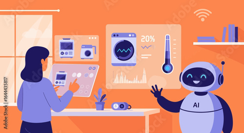 Smart home system controlled by a woman and a friendly AI robot in an orange room