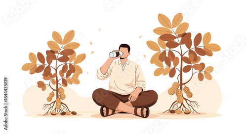Relaxing moment illustration: Man drinking beverage surrounded by peanut plants in nature