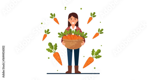 Smiling woman holding a bowl full of carrots in a joyful gardening scene illustration