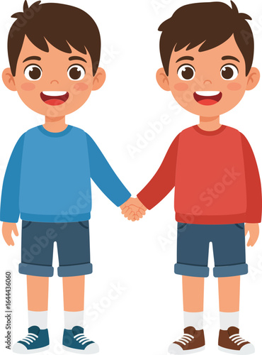 Two happy boys holding hands wearing blue and red shirts with shorts smiling cheerful kids vector illustration