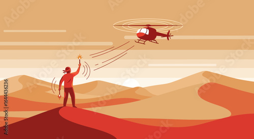 Rescuer signaling a helicopter for help in a vast desert landscape under an orange sky during an emergency situation