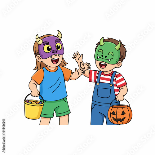 Cartoon Style Joyful Kids Celebrating Halloween Wearing Masks and Carrying Buckets