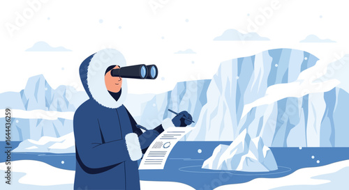 Researcher monitoring arctic icebergs using binoculars and noting observations carefully