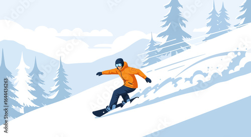 Snowboarder carving down a pristine slope surrounded by snow-covered trees and mountains