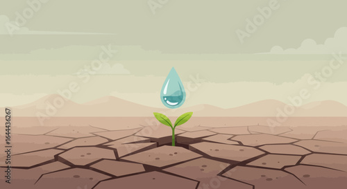 Resilience and Hope Symbolized by a Sprout in Arid Land with Water Drop