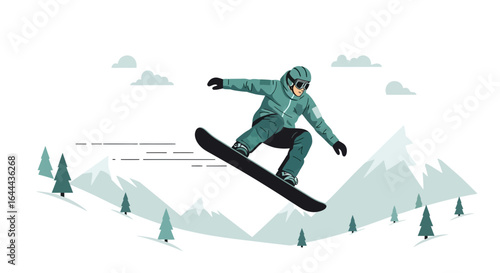 Snowboarder performs a jump in a winter landscape illustration showcases winter activities and snowy mountains with trees