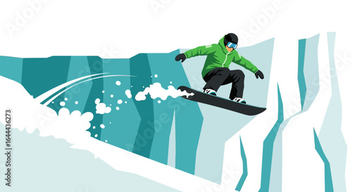 Snowboarder performing a jump in a winter landscape illustration scene