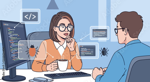 Software developers collaborating on debugging code and problem-solving strategies in the office environment