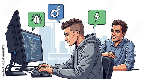 Software development team working together to debug code and optimize application performance