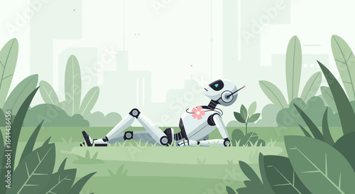 Robot enjoying nature in a peaceful urban park escape from technology stress free