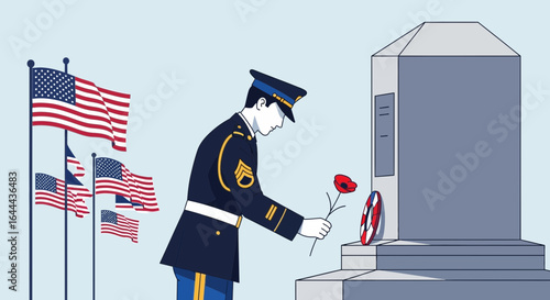 Solemn tribute illustration of serviceman paying respects at memorial monument with flags