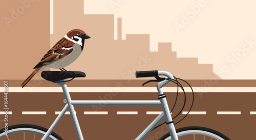 Sparrow perching on bicycle seat in city background creating peaceful urban scene